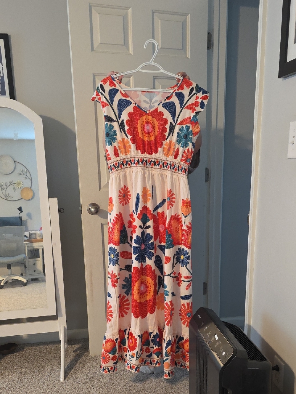 SHEIN Cream Maxi Dress with Red, Blue & Orange Floral Embroidery